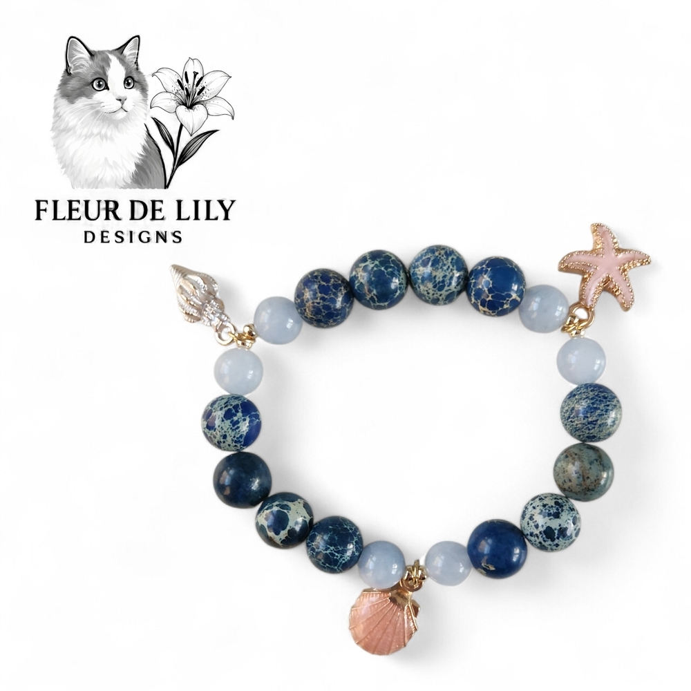 Natural Stone Bracelet Aquamarine, Sea Jasper, And 14K Gold Plated Sea Charms